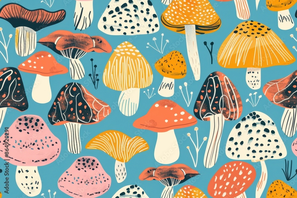 Whimsical Mushroom Pattern on Blue Background Whimsical Mushroom Pattern on Blue Background