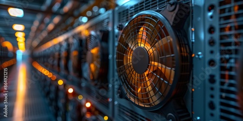 Long rows of cooling tower sets, cooling fans in the data center room