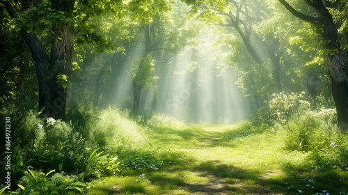 Sunlit Path in a Lush Green Forest. Generative AI  © Volodymyr