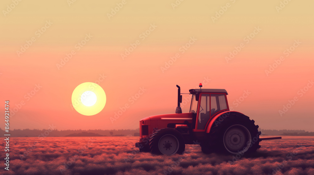 Fototapeta premium Red Tractor In Misty Wheat Field Under Soft Pink Sunrise
