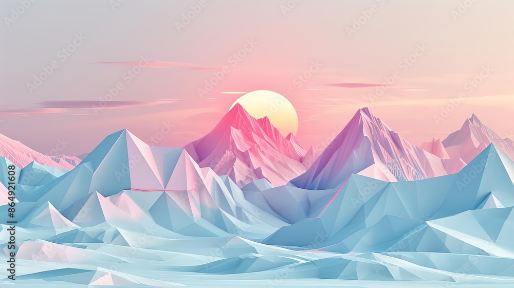 Minimalist mountain landscape with a pink and light blue color scheme, featuring triangular mountain shapes and a rising sun The design emphasizes simplicity and calmness Minimalist mountain landscape with a pink and light blue color scheme, featuring triangular mountain shapes and a rising sun The design emphasizes simplicity and calmness