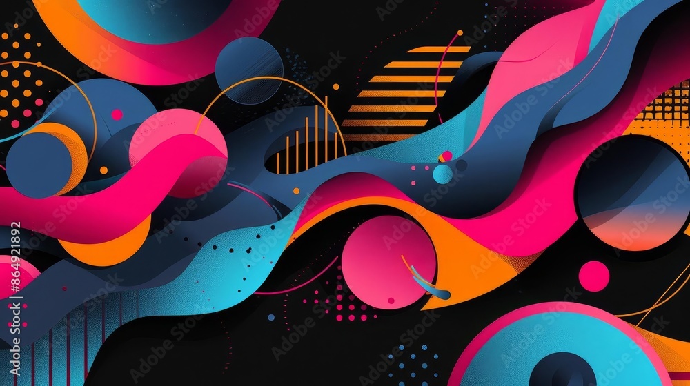 Vibrant abstract design with a dark background and colorful geometric shapes in pink Vibrant abstract design with a dark background and colorful geometric shapes in pink