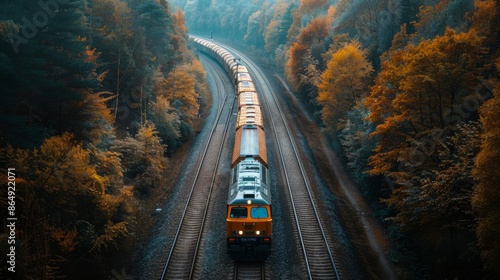 locomotive train travels through beautiful countryside.