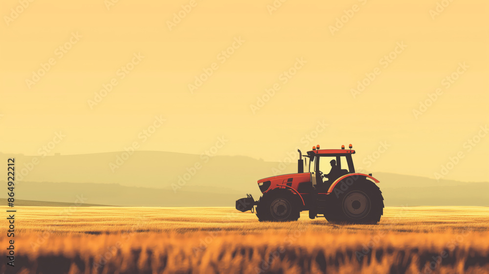 Fototapeta premium Red Tractor In Expansive Field Under Yellow Sky At Sunrise