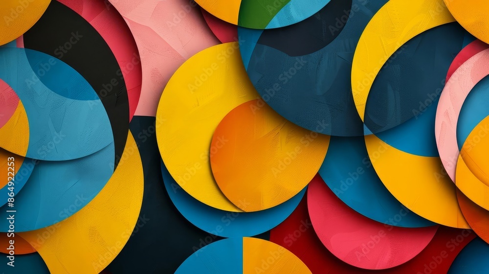 Abstract geometric pattern with layered shapes in bright colors, creating a playful and dynamic composition The design includes overlapping circular and triangular shapes Abstract geometric pattern with layered shapes in bright colors, creating a playful and dynamic composition The design includes overlapping circular and triangular shapes
