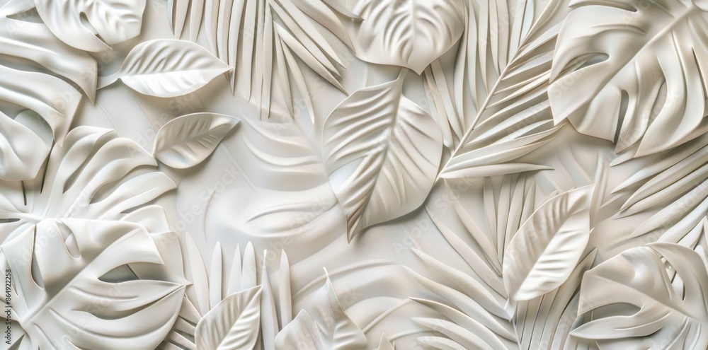 3D Rendering of a Tropical Leaves Wall Decor for Travel and Beauty Theme Interior Design 3D Rendering of a Tropical Leaves Wall Decor for Travel and Beauty Theme Interior Design