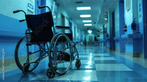 An unoccupied wheelchair in a hospital corridor, symbolizing accessibility and the journey towards health © Siti