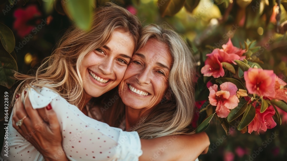 Happy, hug and portrait of a mother and woman in a garden on mothers day with love and gratitude. Smile, family and an daughter hugging a senior Happy, hug and portrait of a mother and woman in a garden on mothers day with love and gratitude. Smile, family and an daughter hugging a senior