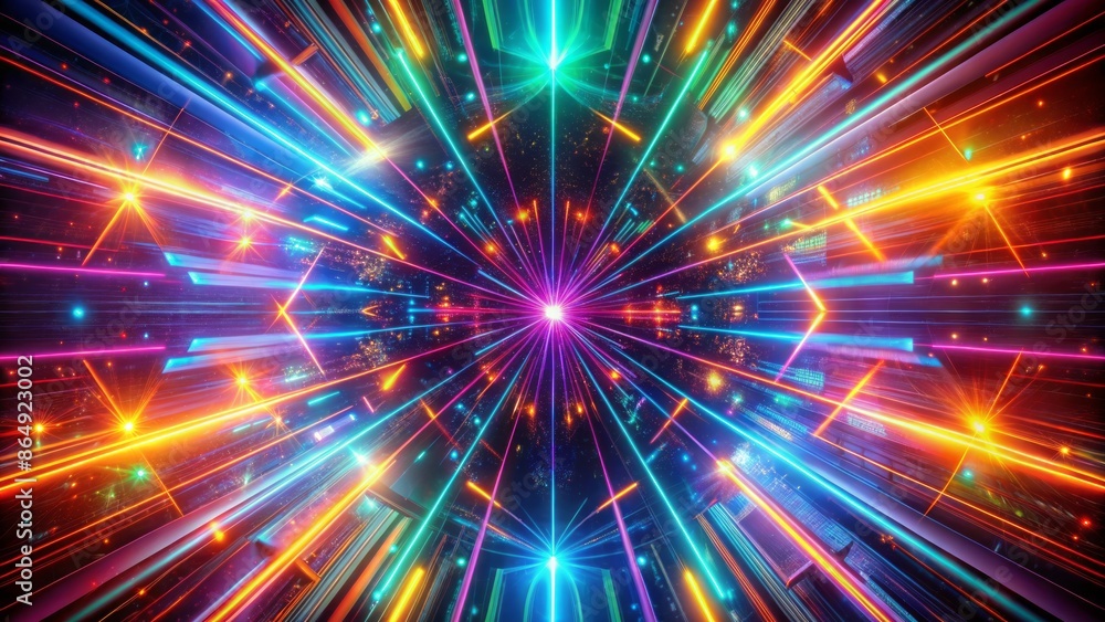Vibrant neon rays and glowing lines emanate from a kaleidoscope of colors, creating an otherworldly, futuristic abstract 3D rendered backdrop. Vibrant neon rays and glowing lines emanate from a kaleidoscope of colors, creating an otherworldly, futuristic abstract 3D rendered backdrop.