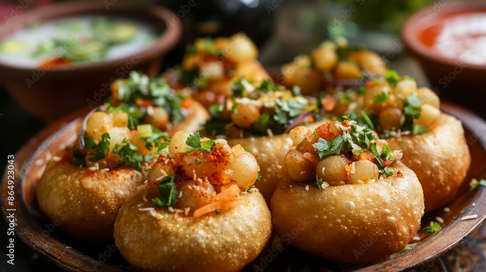 Close up of panipuri or Gol Gappa or Chaat Indian fast food Chaat Spices Close up of panipuri or Gol Gappa or Chaat Indian fast food Chaat Spices