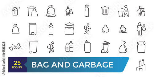 Bag and Garbage for trash icons set. Food garbage, Dirty dustbin. Collection and pack of linear web and ui icons. Editable stroke. Vector illustration