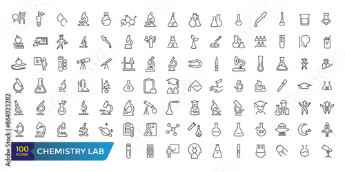 Chemistry lab and diagrammatic icons set. Related to showing assorted experiments. Collection and pack of linear web and ui icons. Editable stroke. Vector illustration