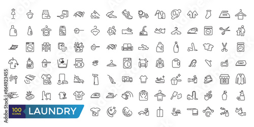 Laundry icons set. Clothes instructions on labels, machine or hand washing icon pack. Collection and pack of linear web and ui icons. Editable stroke. Vector illustration