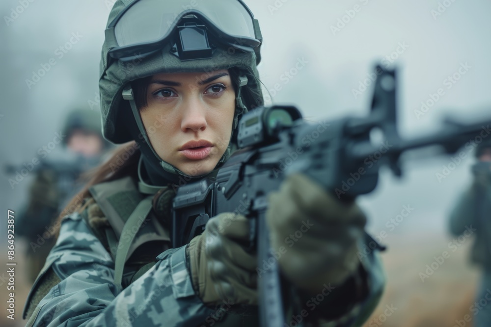 Focused female soldier in tactical gear aiming rifle Focused female soldier in tactical gear aiming rifle