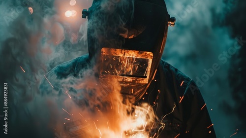  Construction worker welding steel frames, bright sparks, and protective visor