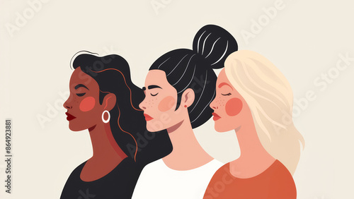 Three portraits of women from different races. Colorful flat illustration. Feminism, women's movement, women empowerment, diversity, and unity concept.