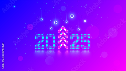 2025 New Year and Christmas in tech style. 20 25 digits consist of neon dots or pixels. 2025 New Year card digital technology. 2025 text with Christmas tree at up arrow. 2025 design card or calendar.
