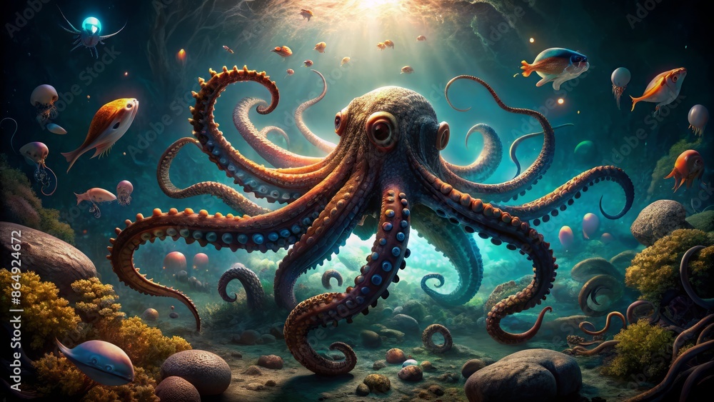 Fototapeta premium Majestic giant octopus sprawls across eerie dark ocean floor surrounded by mysterious shadows and flickering bioluminescent sea creatures.