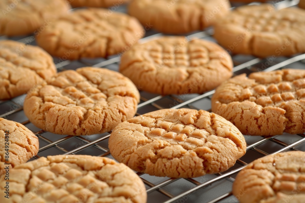 Golden homemade peanut butter cookies on cooling rack