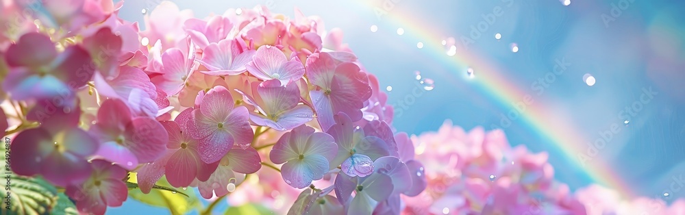 Vibrant Hydrangea Garden Under a Rainbow-filled Sky Vibrant Hydrangea Garden Under a Rainbow-filled Sky