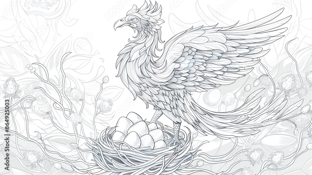 Sketch outline of a phoenix with a nest of eggs, outlined for coloring, on a white background. Sketch outline of a phoenix with a nest of eggs, outlined for coloring, on a white background.