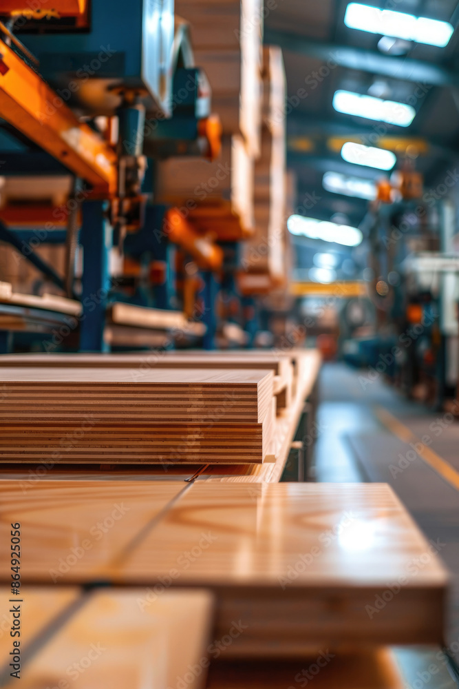 Naklejka premium modern wood workshop with neatly stacked wooden planks on a conveyor belt. The workshop is equipped with CNC machines, shallow depth of field