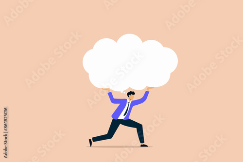 man bent under the weight of problems. Overthinking, obsessive at work or too many problems that can't make a solution concept, tried depressed business
