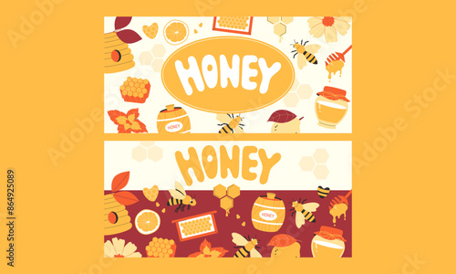 honey set of postcards,banners, flyers, business cards. Hand drawn posters in flat style