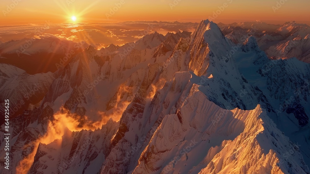Naklejka premium A breathtaking aerial view of snow-covered mountain ranges at sunset, with a golden hue spreading across the peaks and clouds creating a dramatic scene.