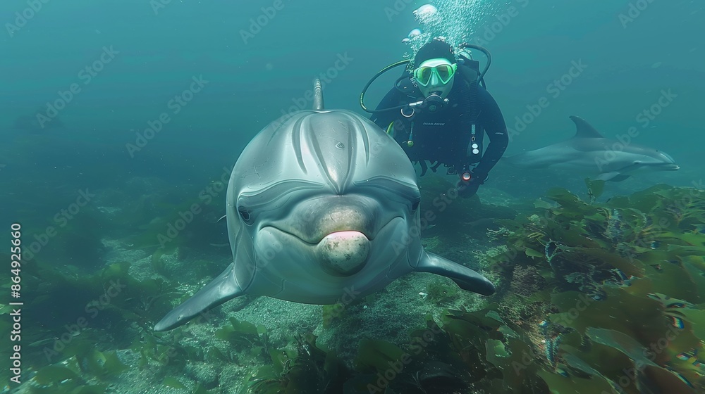 Fototapeta premium Friendly Dolphins Interact with Divers 