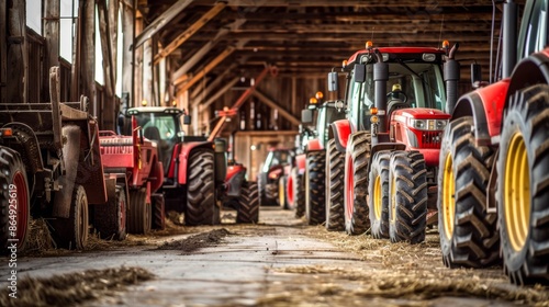 A row of tractors and other agricultural machinery inside a barn, showcasing various farming equipment.