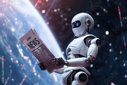 Artificial Intelligence Robot reading newspaper AI NEWS