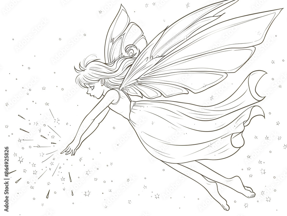 Sketch outline of a sprite flying with sparkles, outlined for coloring, on a white background. Sketch outline of a sprite flying with sparkles, outlined for coloring, on a white background.