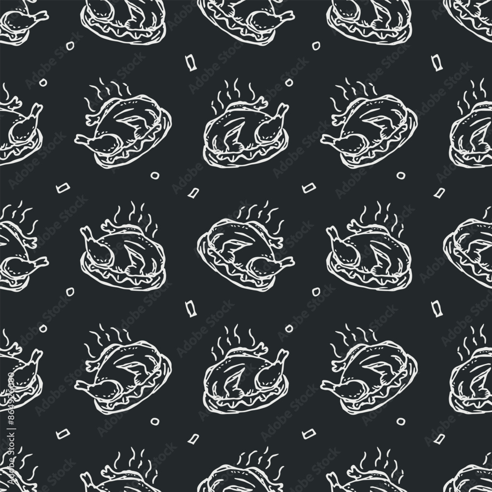Seamless baked turkey pattern. Drawn baked turkey background. Doodle hand drawn turkey illustration Seamless baked turkey pattern. Drawn baked turkey background. Doodle hand drawn turkey illustration