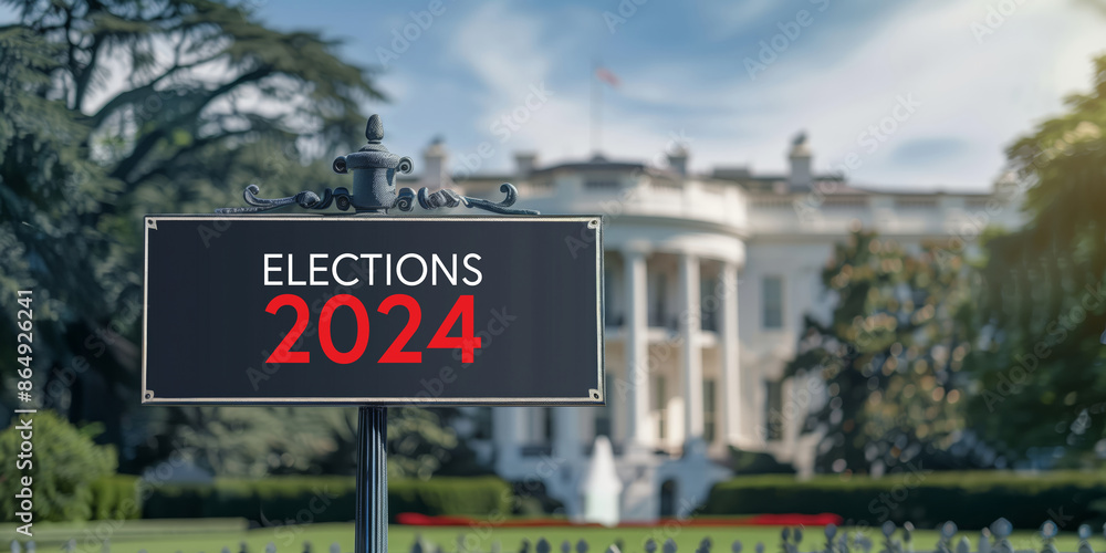 Fototapeta premium Elections 2024 written in Red on a black sign outside the White House