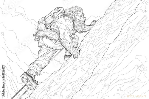 Sketch outline of a troll climbing a mountain, outlined for coloring, on a white background.