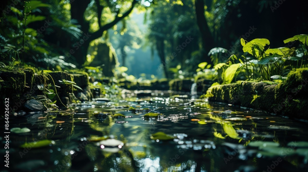 Defocused waterfall in lush green forest Defocused waterfall in lush green forest