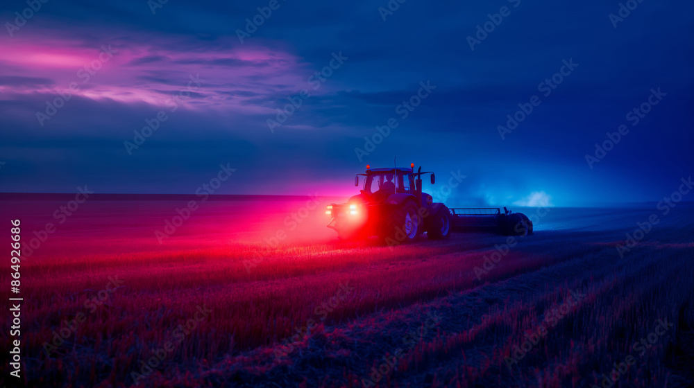 Fototapeta premium Tractor With Red Lights Working In Field Under Deep Blue Night Sky