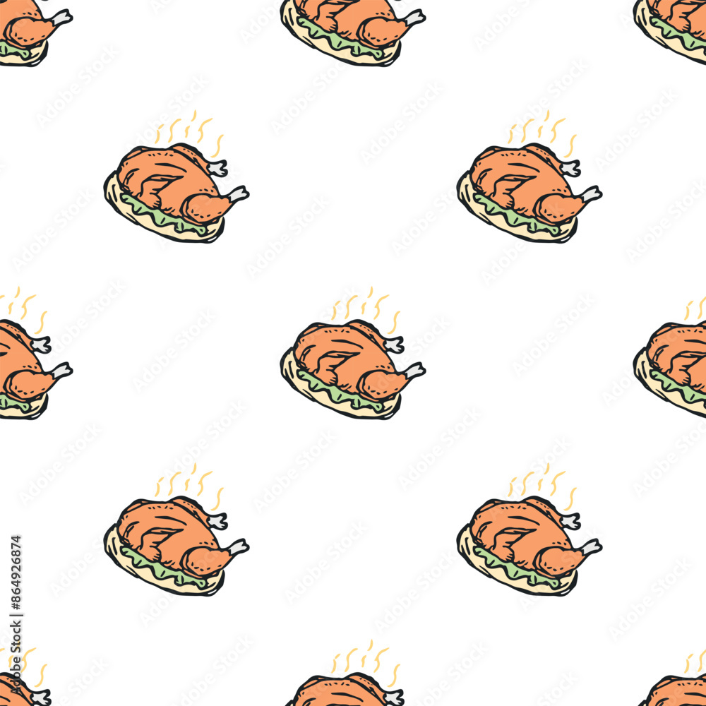 Seamless baked turkey pattern. Drawn baked turkey background. Doodle hand drawn turkey illustration Seamless baked turkey pattern. Drawn baked turkey background. Doodle hand drawn turkey illustration