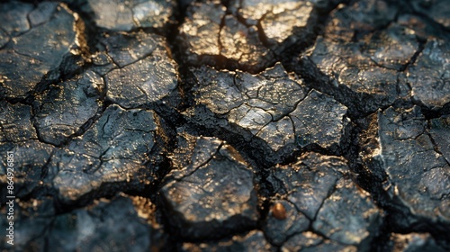 Detailed view of cracks in a dried-out riverbed.
