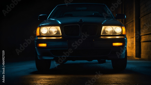 Close up of an old car at night 