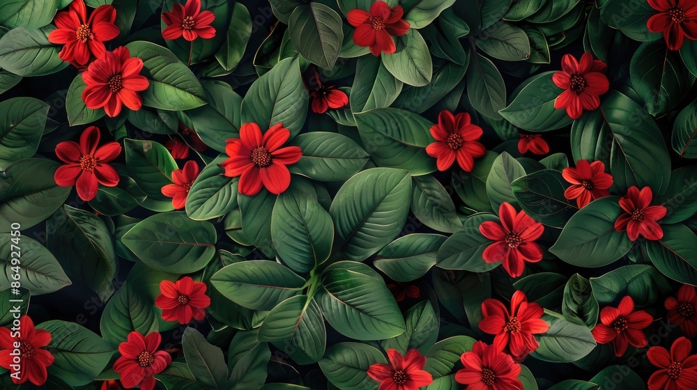 Pattern of red flowers and elegant green leaves arrangement Pattern of red flowers and elegant green leaves arrangement