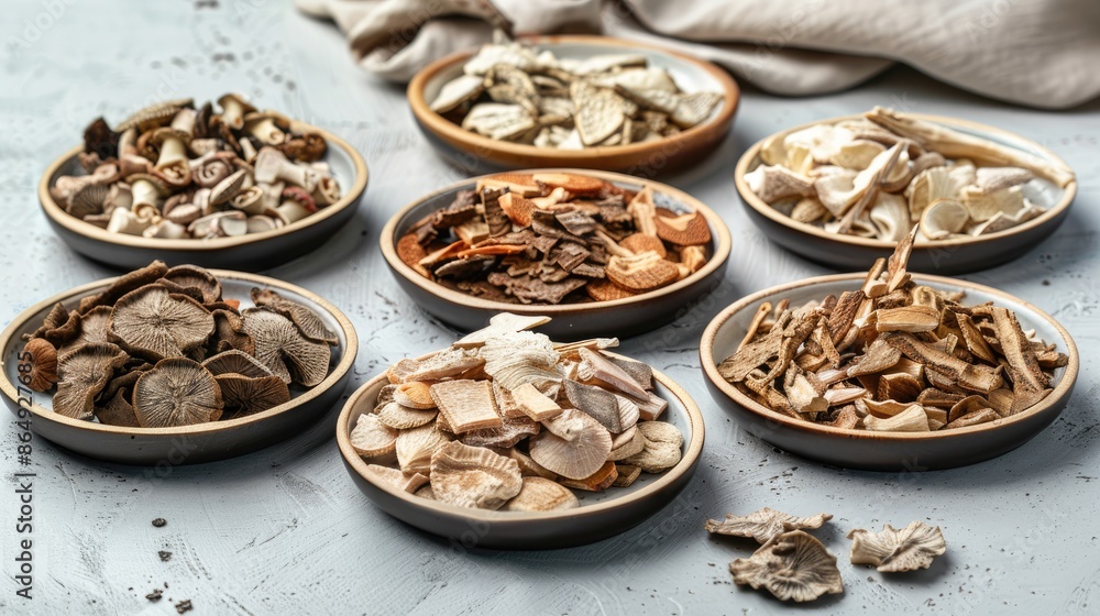 Plate of Chinese Medicinal Herbs from Wolfiporia Extensa or Poria Cocos on Round Plates with Light Brown Background Herb s Diverse Health Benefits Plate of Chinese Medicinal Herbs from Wolfiporia Extensa or Poria Cocos on Round Plates with Light Brown Background Herb s Diverse Health Benefits