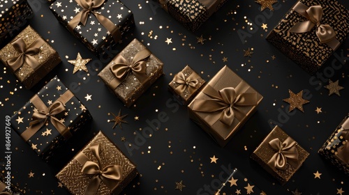 Variety of gold patterned gift boxes on black background with star shaped gold sequins photo