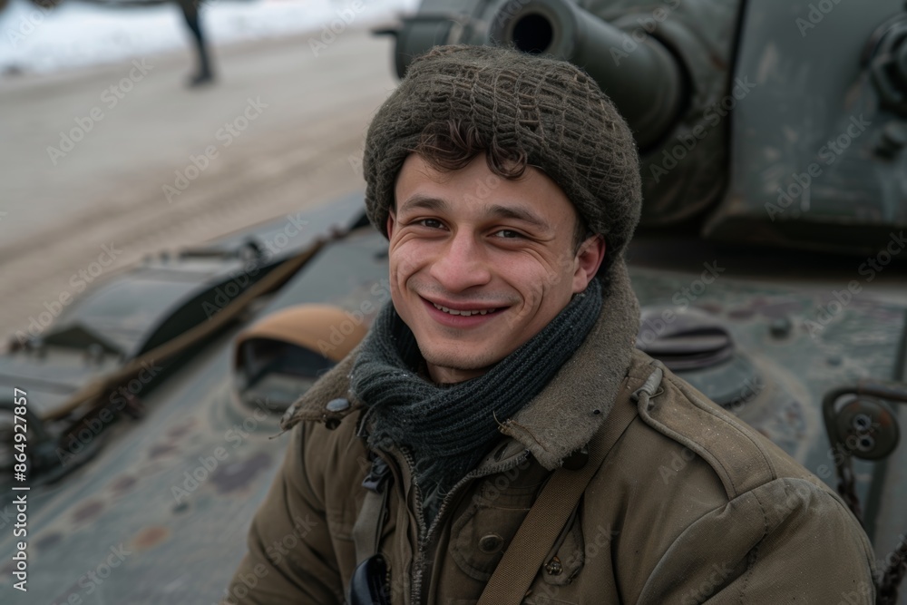 Smiling soldier with military tank in the background Smiling soldier with military tank in the background