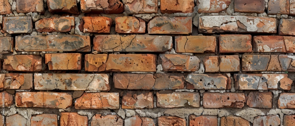 Panoramic close-up, high detail scan of reclaimed brick material, Generative AI Panoramic close-up, high detail scan of reclaimed brick material, Generative AI