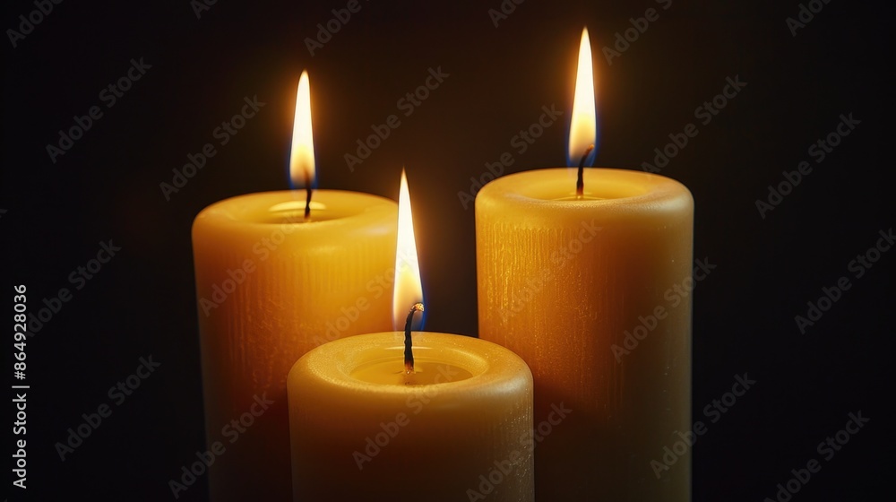 A dark room with three candles providing light, ideal for dramatic or mysterious scenes A dark room with three candles providing light, ideal for dramatic or mysterious scenes