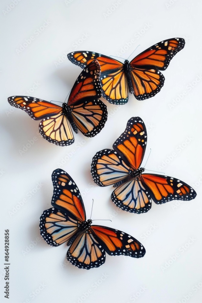 Fototapeta premium A group of butterflies sit on a smooth, white surface