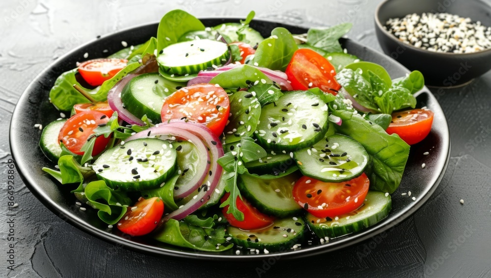 fresh salad with tomatoes, cucumbers, red onion, spinach, and sesame seeds fresh salad with tomatoes, cucumbers, red onion, spinach, and sesame seeds