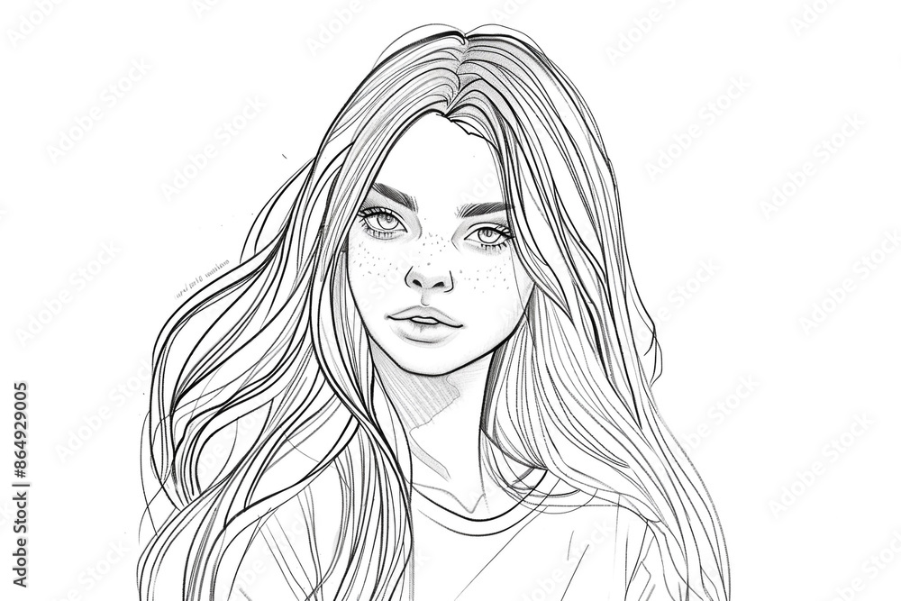 Sketch outline of an attractive young girl with long hair, outlined for coloring, on a white background. Sketch outline of an attractive young girl with long hair, outlined for coloring, on a white background.